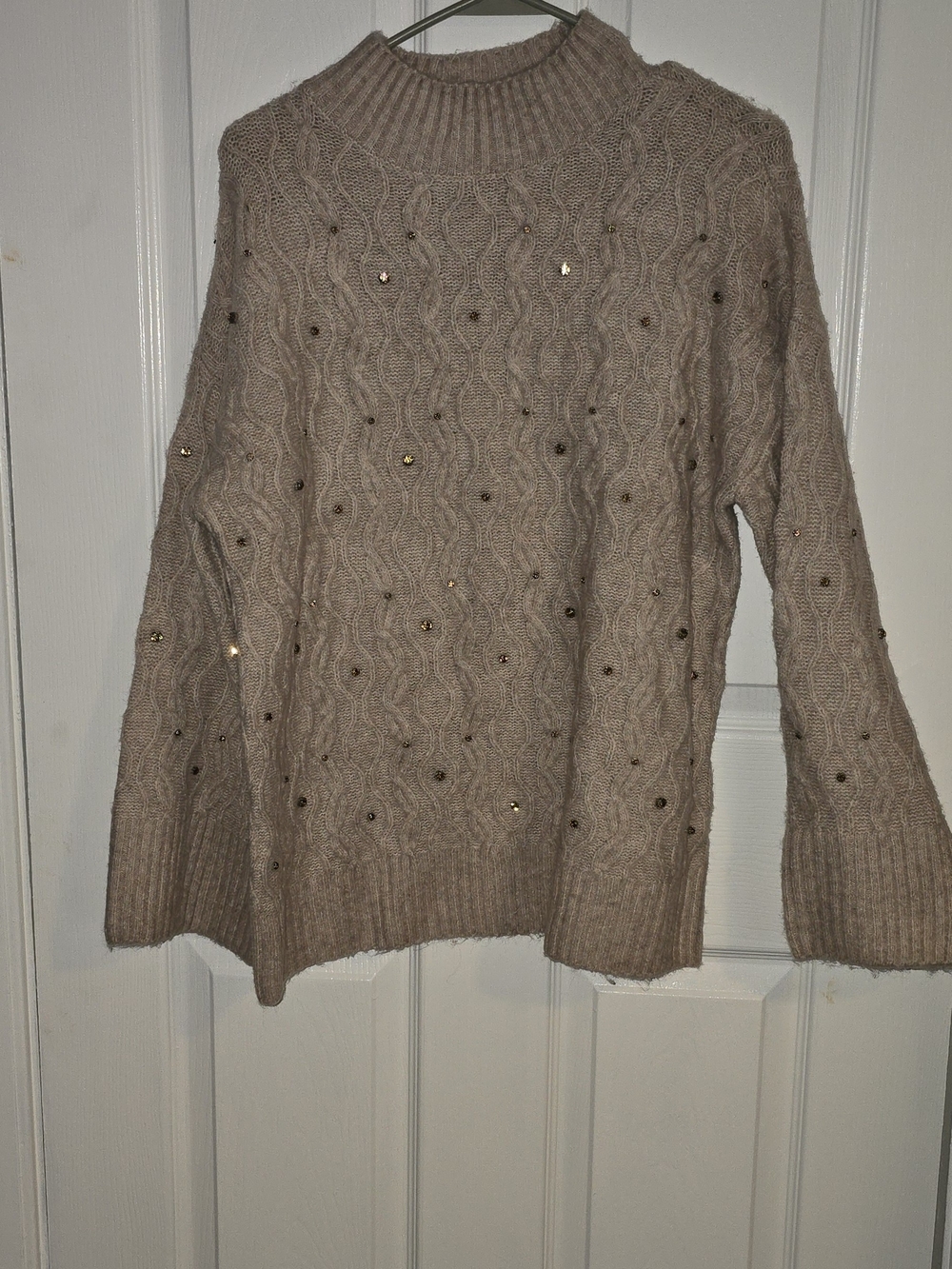 Chico's Taupe Beaded Cable-Knit Turtleneck Sweater
